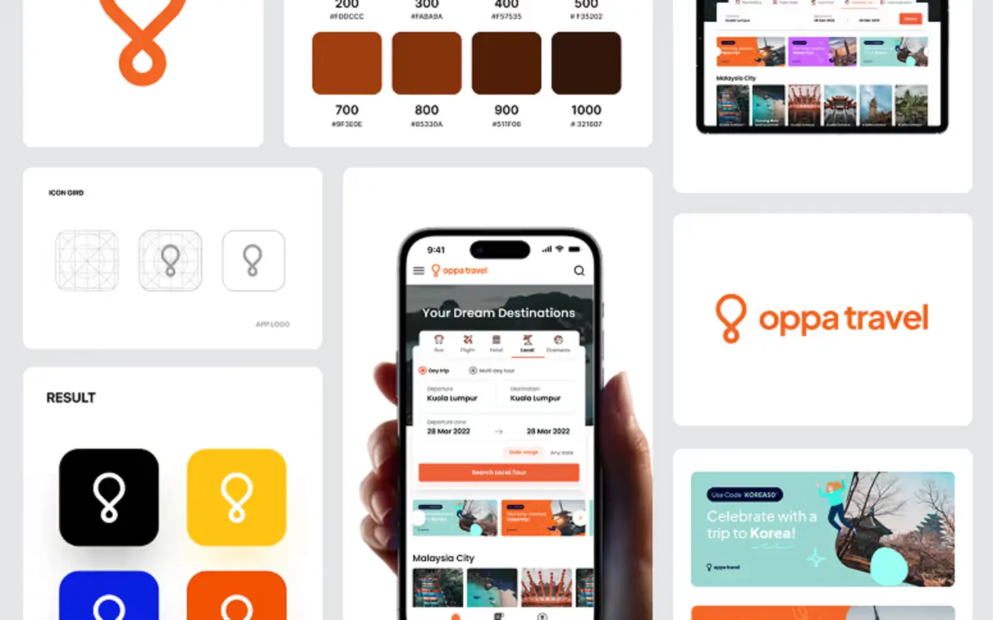 Brand identity board with logo, colours and app icons