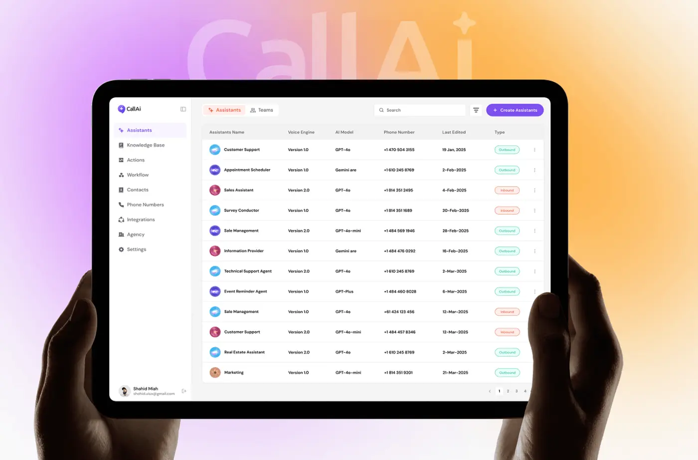 Reporting dashboard with a table of leads on a tablet